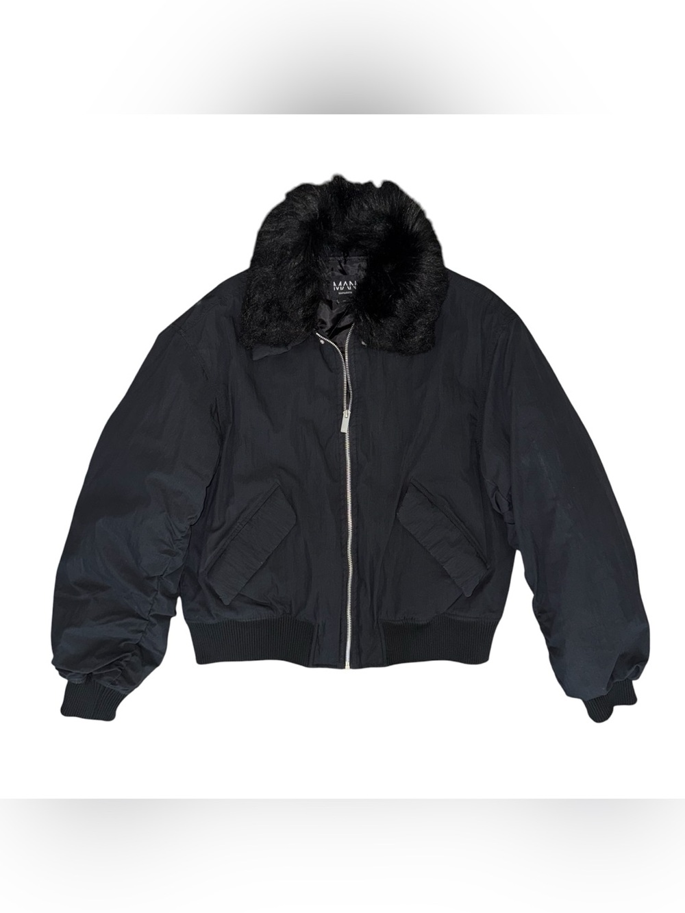 BoohooMAN Black Faux Fur Collar Bomber Jacket
